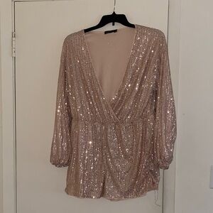 Sequin V-Neck Jumpsuit - Rose Gold